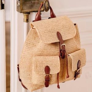 Sezane Raffia Backpack with Leather Detailing